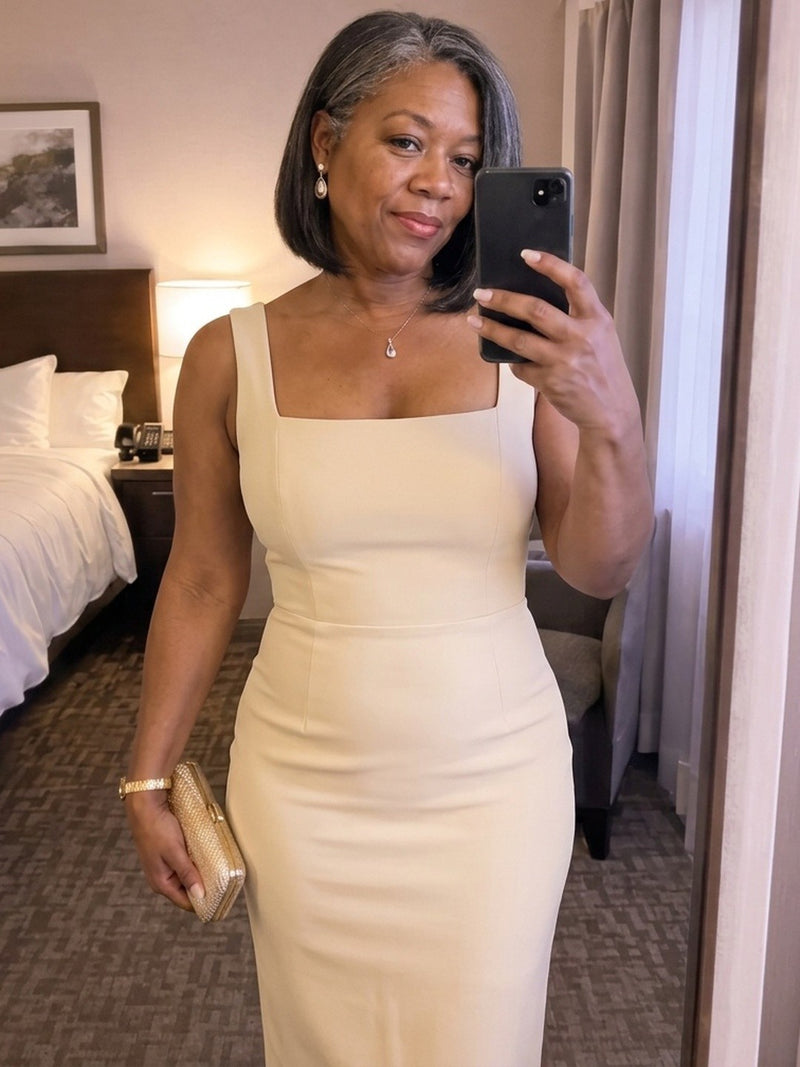 Woman in a fitted cream dress, nothing shows