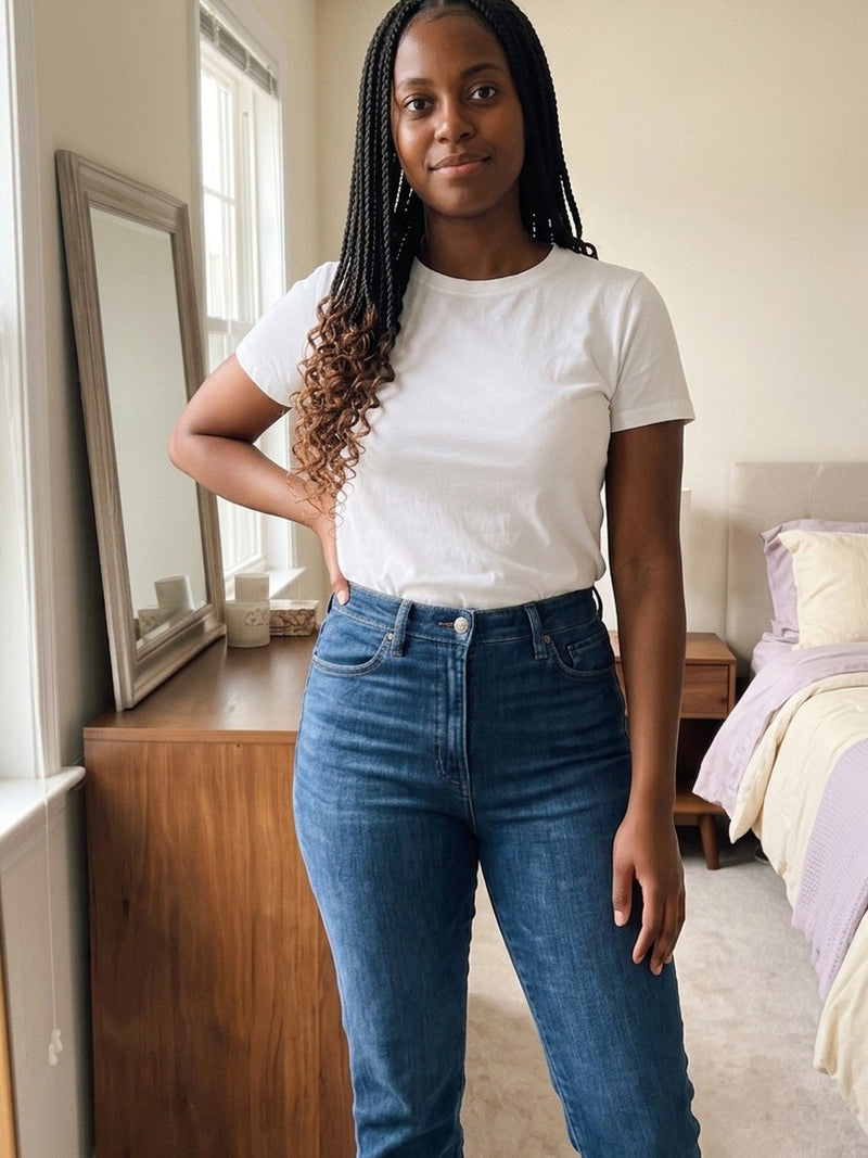 Woman in jeans and a white t-shirt, nothing shows