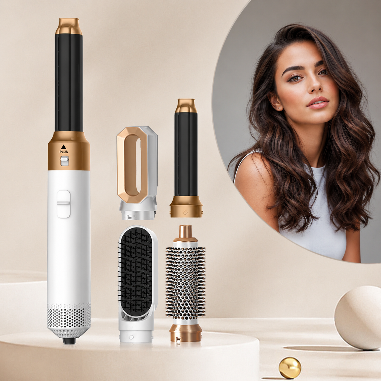 Airstyler Airluma 5 en 1 blanc et or, ses 5 embouts et une femme aux boucles souples (Blanc)