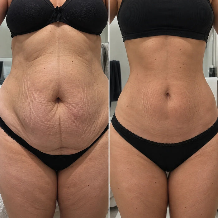 Même tenue, même position : la ceinture d'une culotte classique qui a roulé, puis la nôtre, à plat