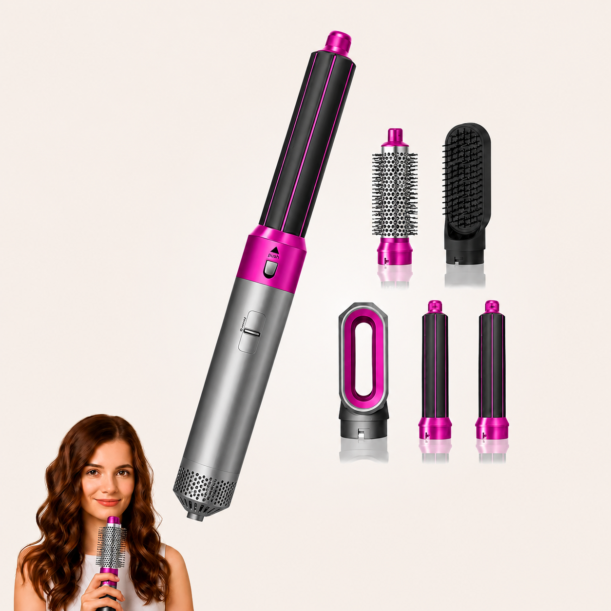 L'Airstyler Airluma et ses 5 embouts, avec une utilisatrice (Rose)