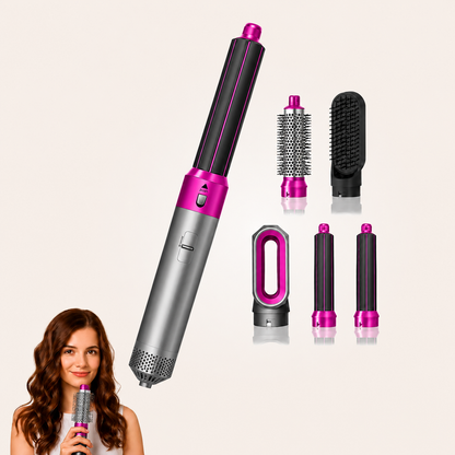 L'Airstyler Airluma et ses 5 embouts, avec une utilisatrice (Rose)