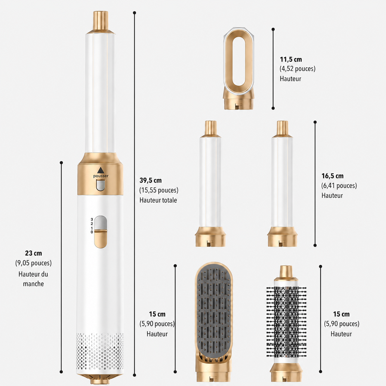 Dimensions de l'Airstyler Airluma et de ses embouts en centimètres (Blanc)
