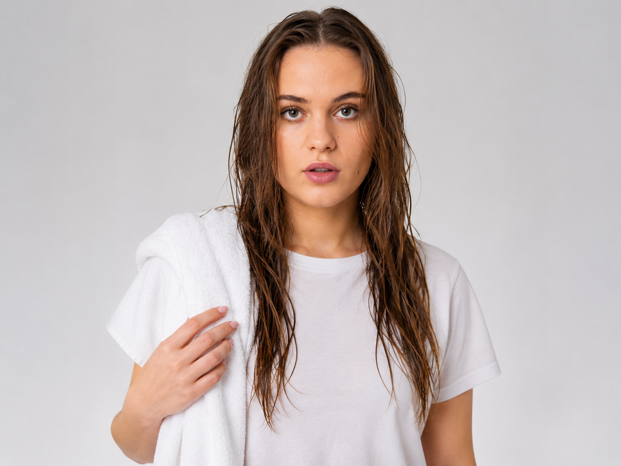Photo : cheveux essorés à la serviette, avant coiffage