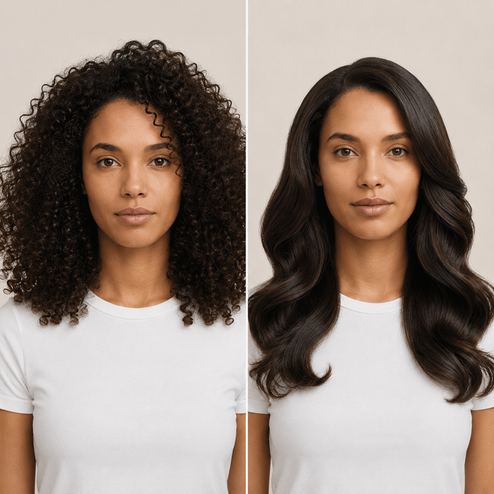 Photo cliente : avant / après côte à côte, cheveux colorés