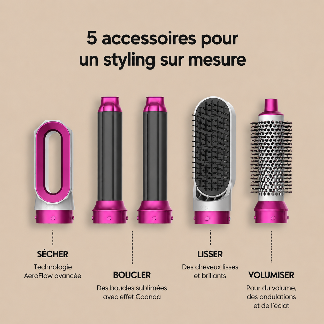 Les 5 accessoires légendés : sécher, boucler, lisser, volumiser (Rose)