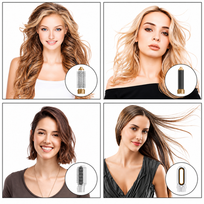 Quatre coiffages obtenus avec l'Airstyler Airluma et l'embout utilisé (Rose)