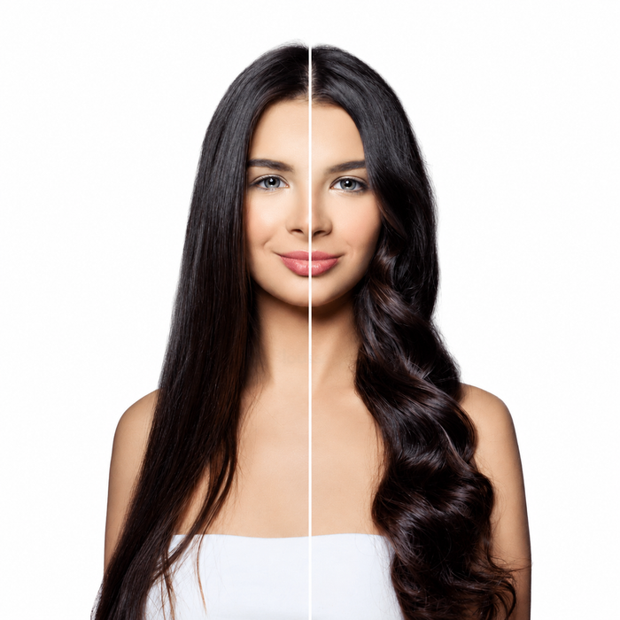Photo cliente : avant / après côte à côte, cheveux longs raides