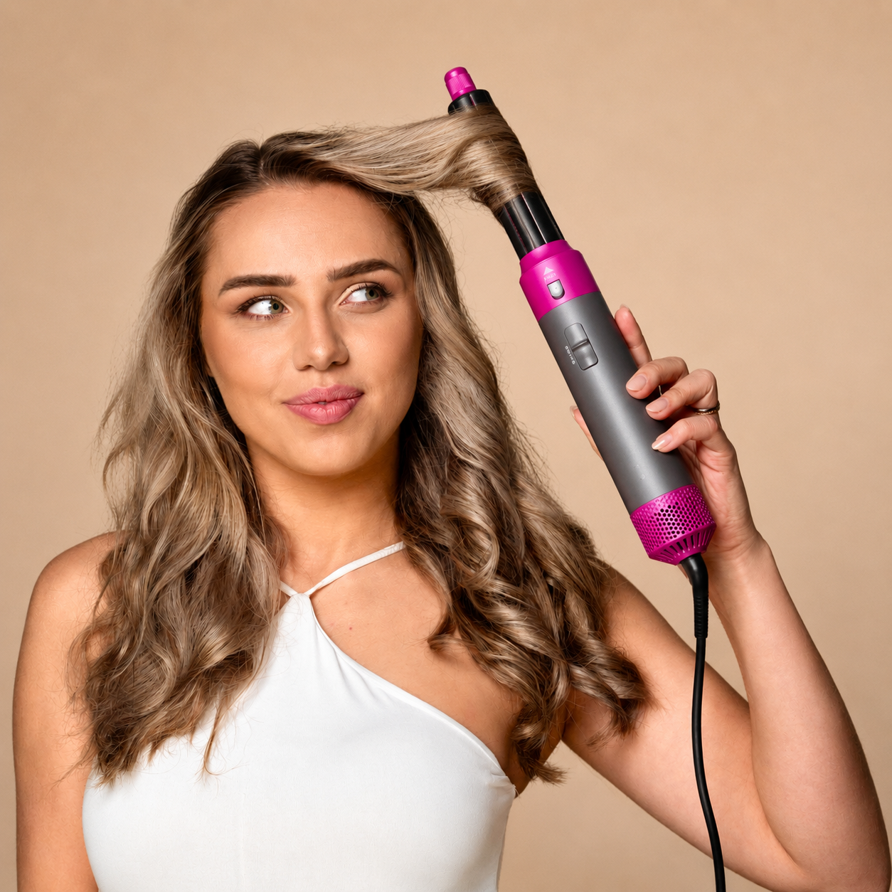 Une femme coiffe ses longueurs avec l'Airstyler Airluma rose (Rose)