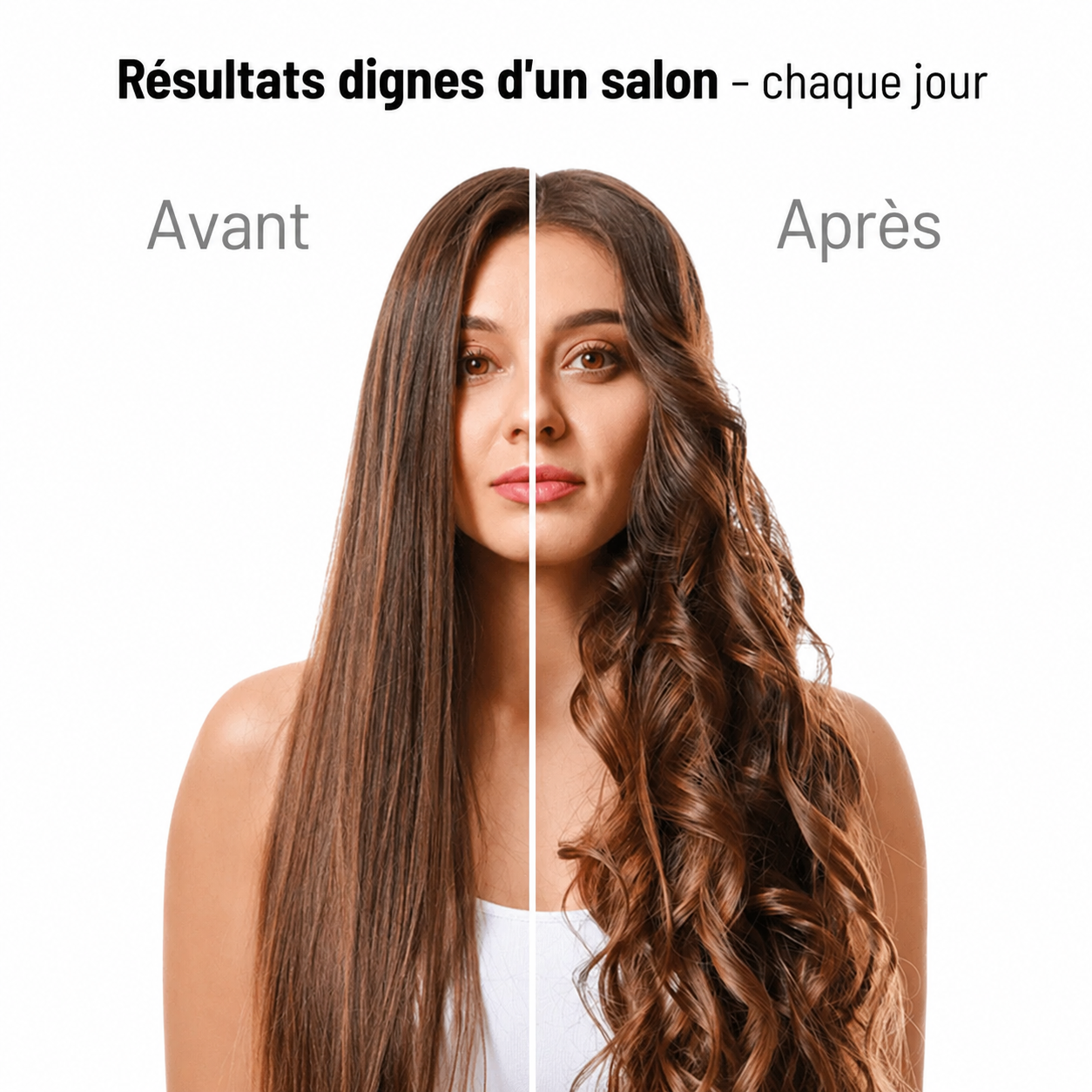 Avant et après : cheveux plats puis brushing ondulé, résultat digne d'un salon (Blanc)