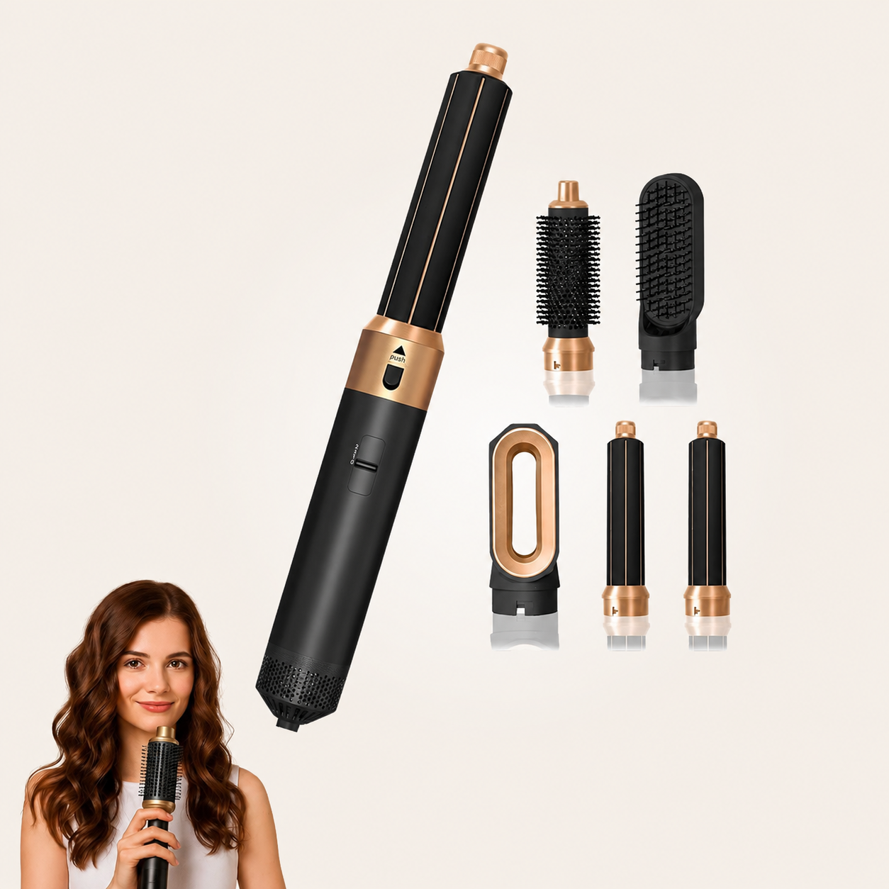 L'Airstyler Airluma et ses 5 embouts, avec une utilisatrice (Blanc)