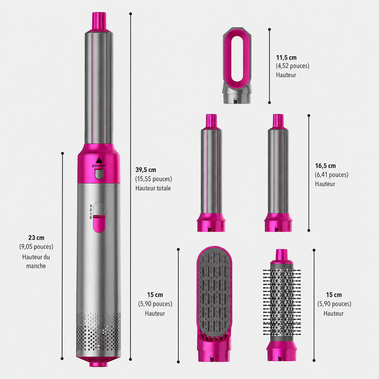 Dimensions de l'Airstyler Airluma et de ses embouts en centimètres (Rose)