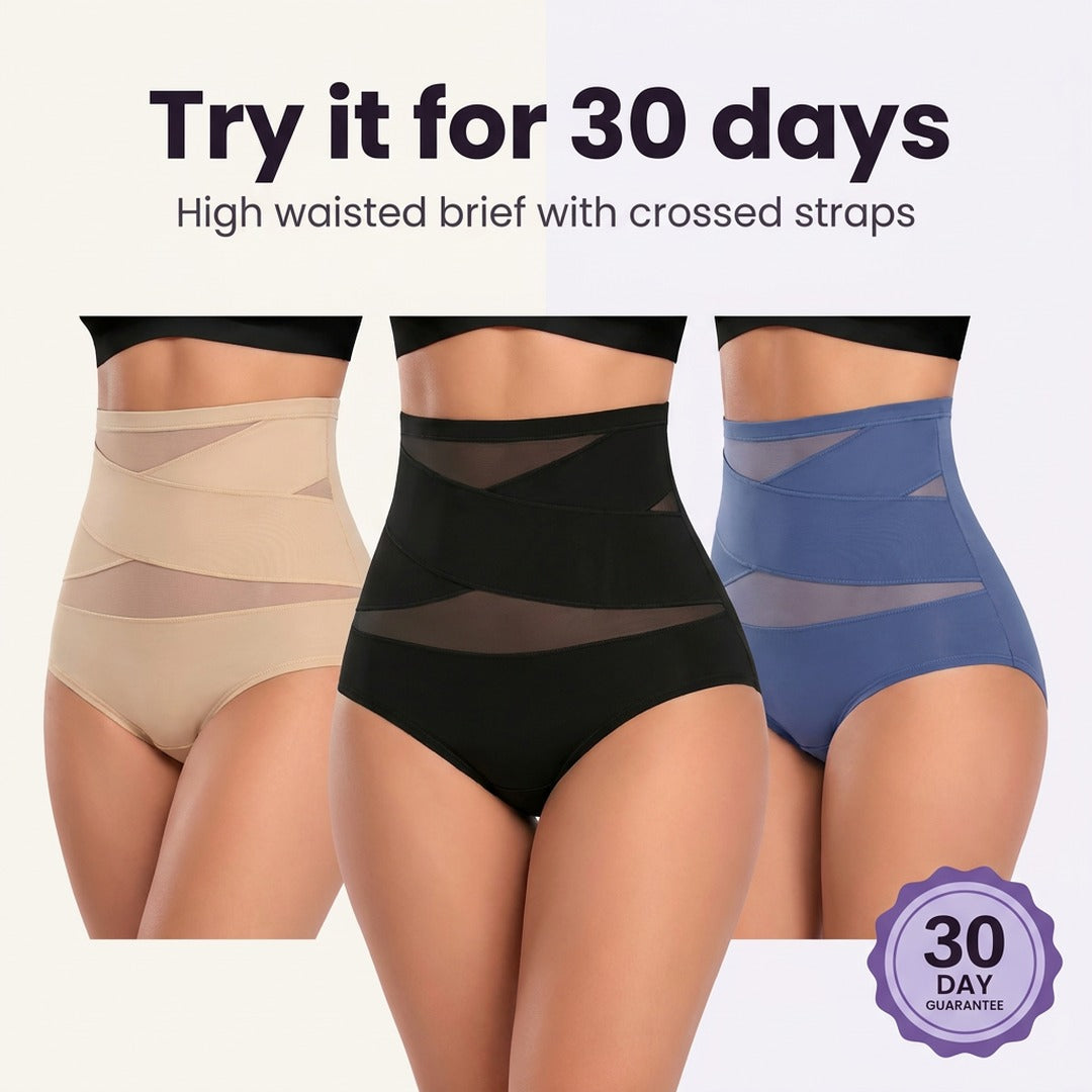Garantie 30 jours, culotte taille haute à bandes croisées en trois coloris