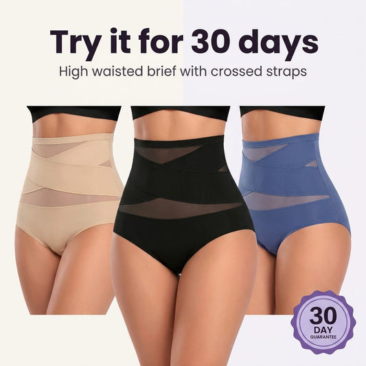 30 day guarantee, high waisted brief with crossed straps in three colors