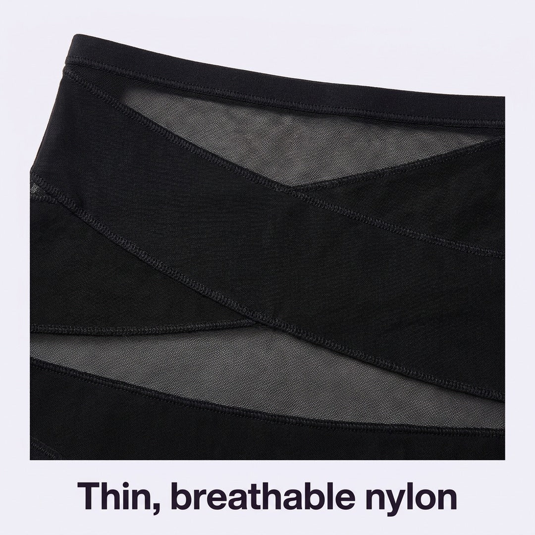 Gros plan sur les bandes croisées et le mesh, nylon fin et respirant