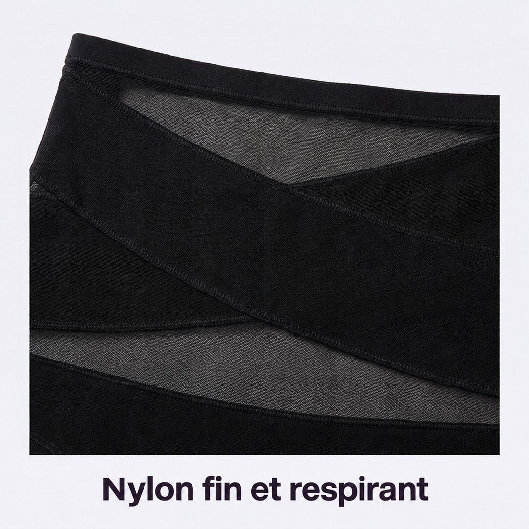 Gros plan sur les bandes croisées et le mesh, nylon fin et respirant