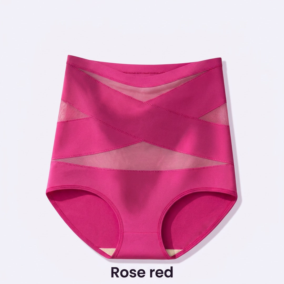 High waisted brief with crossed straps, rose red