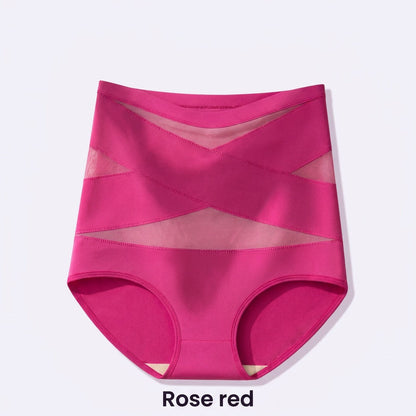 Culotte taille haute à bandes croisées, coloris rouge rosé