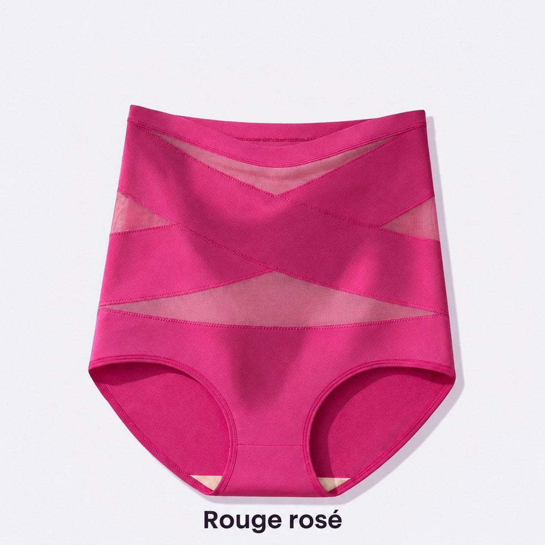 Culotte taille haute à bandes croisées, coloris rouge rosé