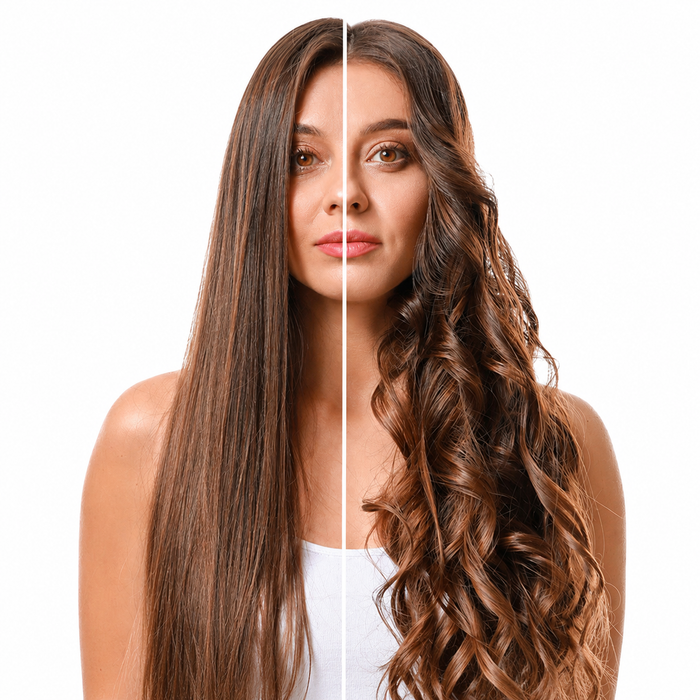 Photo cliente : avant / après côte à côte, cheveux mi-longs