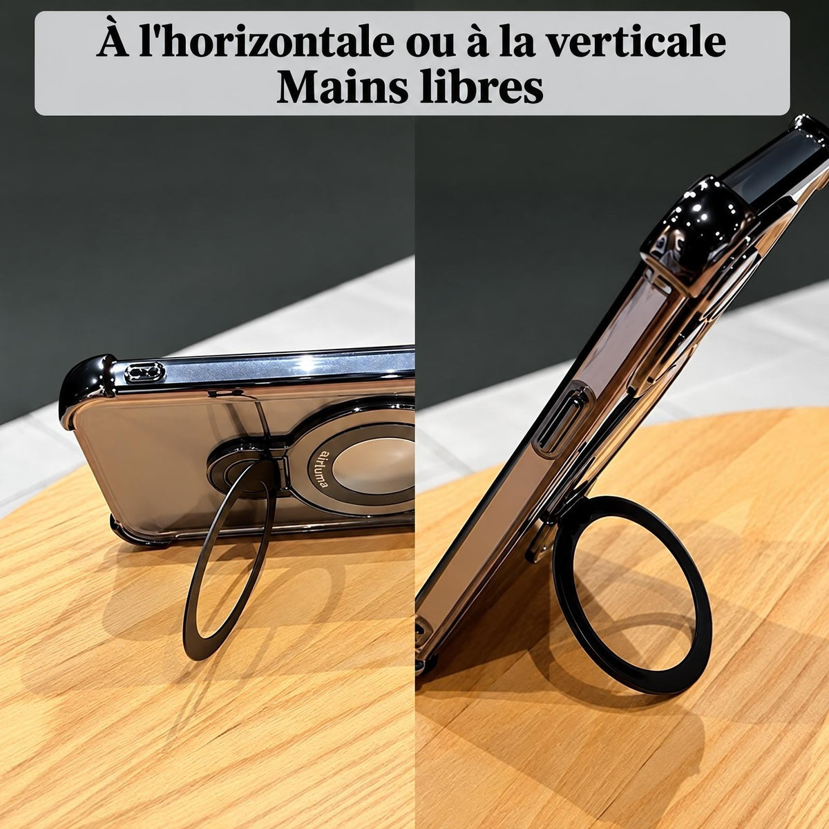 Coque iPhone Airluma posée à l'horizontale et à la verticale sur son support en anneau