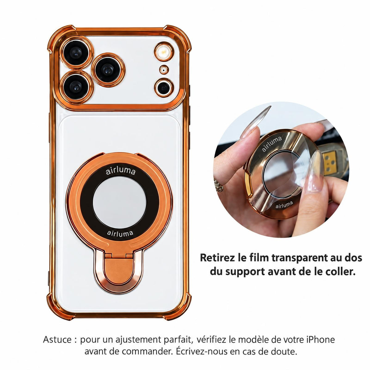 Coque iPhone Airluma orange et retrait du film transparent du support avant la pose