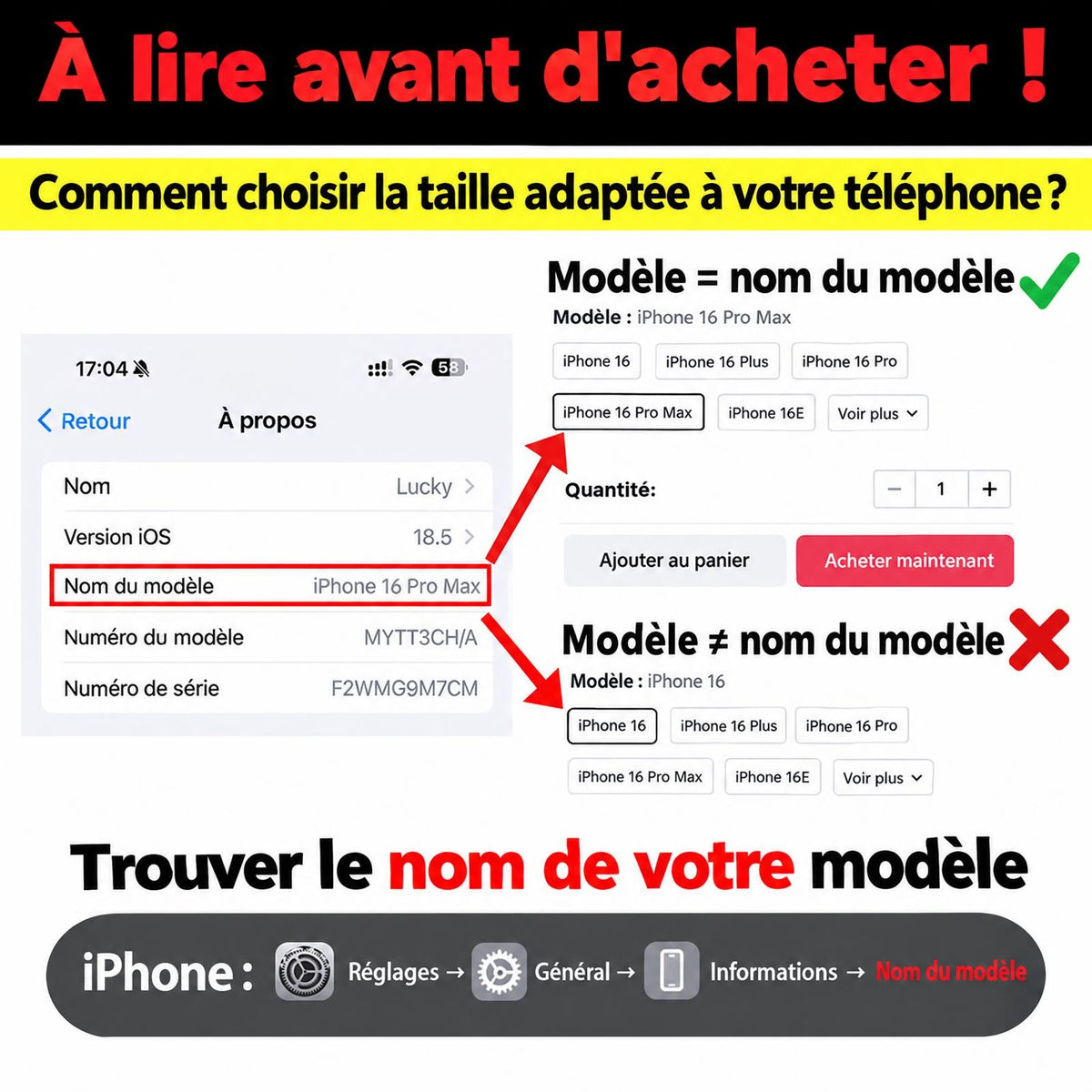 Guide pour trouver le nom du modèle de votre iPhone avant de commander