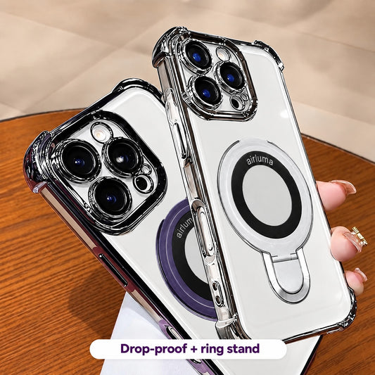 Two transparent Airluma iPhone cases, silver and purple frame, metal ring stand on the back