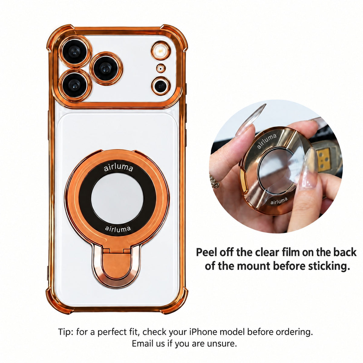 Orange Airluma iPhone case and removal of the clear film from the stand before sticking