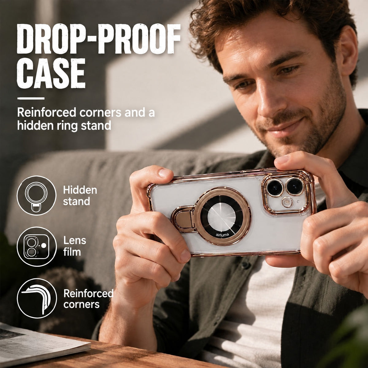 Airluma drop-proof case held in hand, showing its three strengths