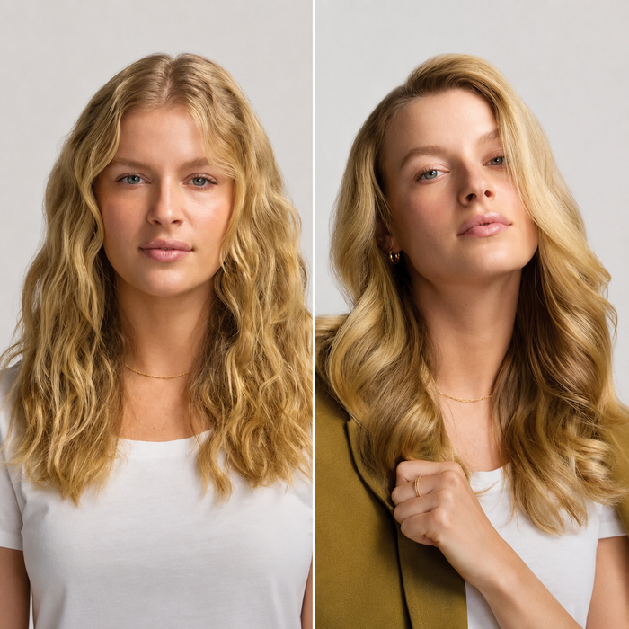 Photo cliente : avant / après côte à côte, cheveux bouclés
