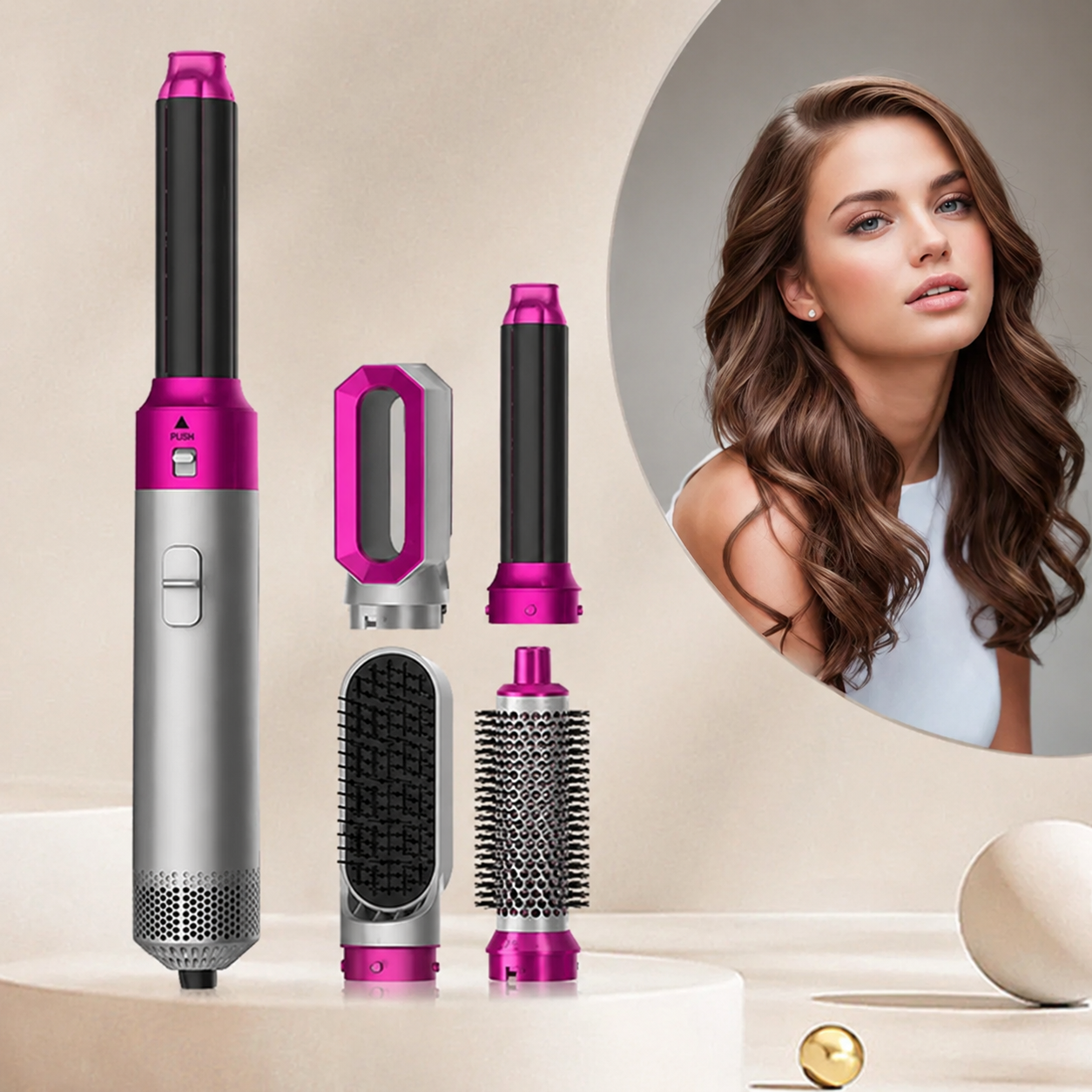 Airstyler Airluma 5 en 1 rose, ses 5 embouts et une femme aux boucles souples (Rose)